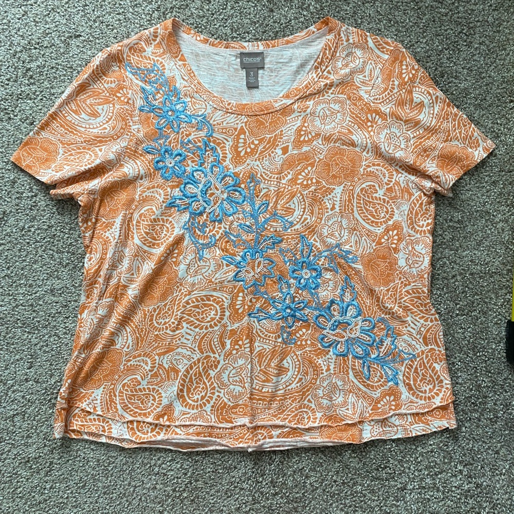 Chicos Womens Short Sleeve Beaded And Embroidered Top Orange And Blue Size 3